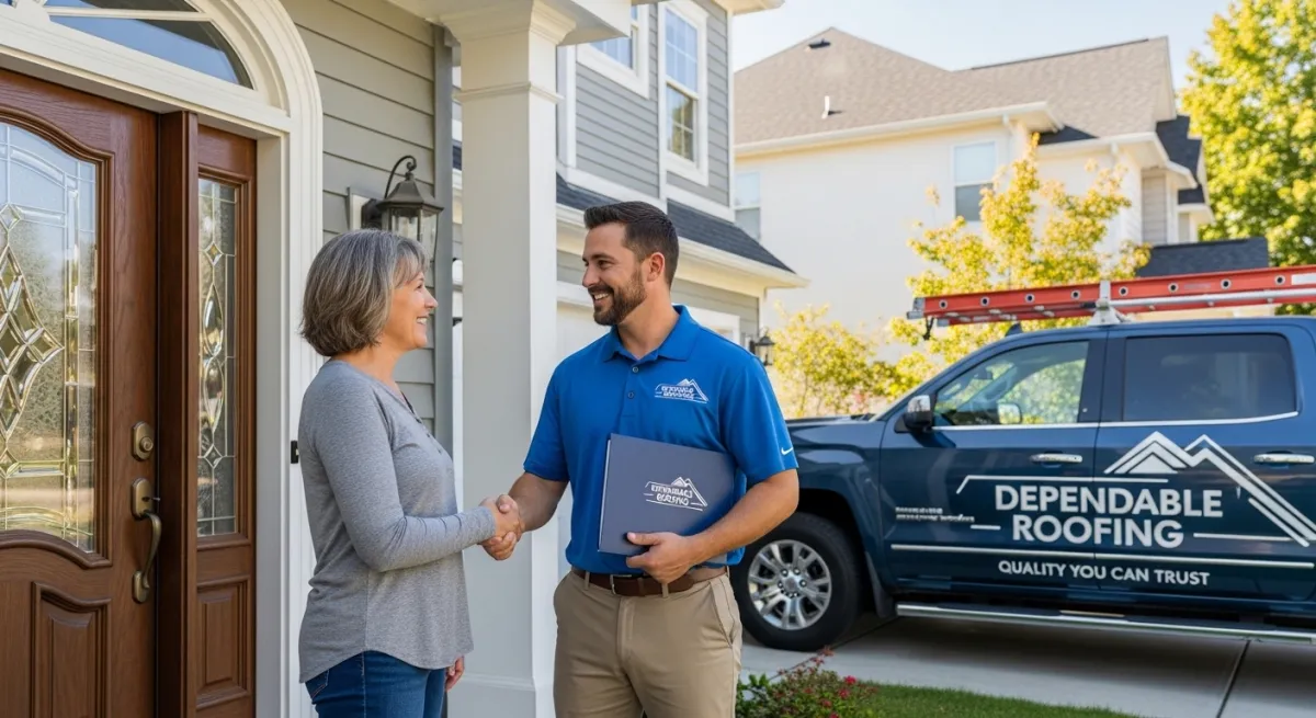 Professional roofing contractor shaking hands with homeowner at front door