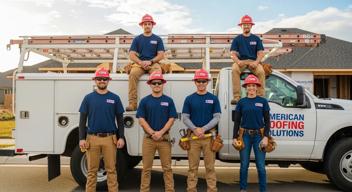 Team of professional roofers in matching uniforms and hard hats posing in front of their work truck