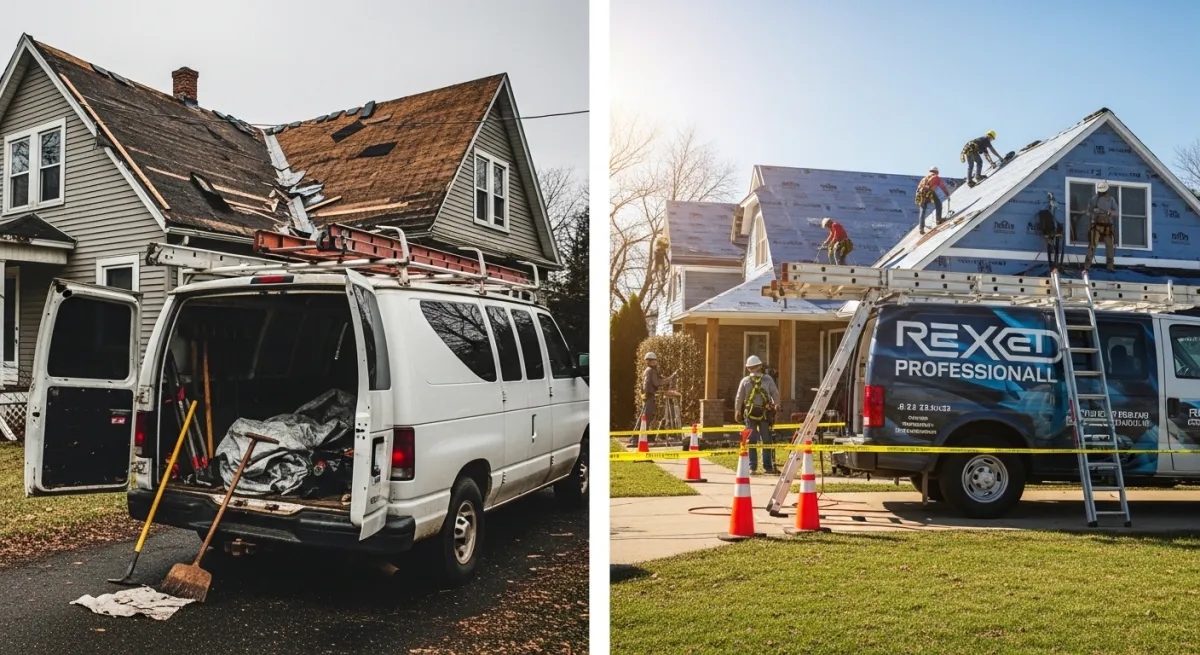 Comparison of unmarked van versus professional branded roofing truck showing contractor red flags