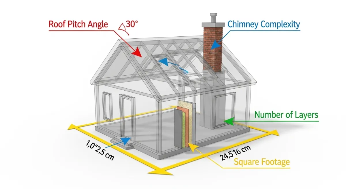 Infographic showing roof replacement cost factors including pitch, complexity, layers, and square footage