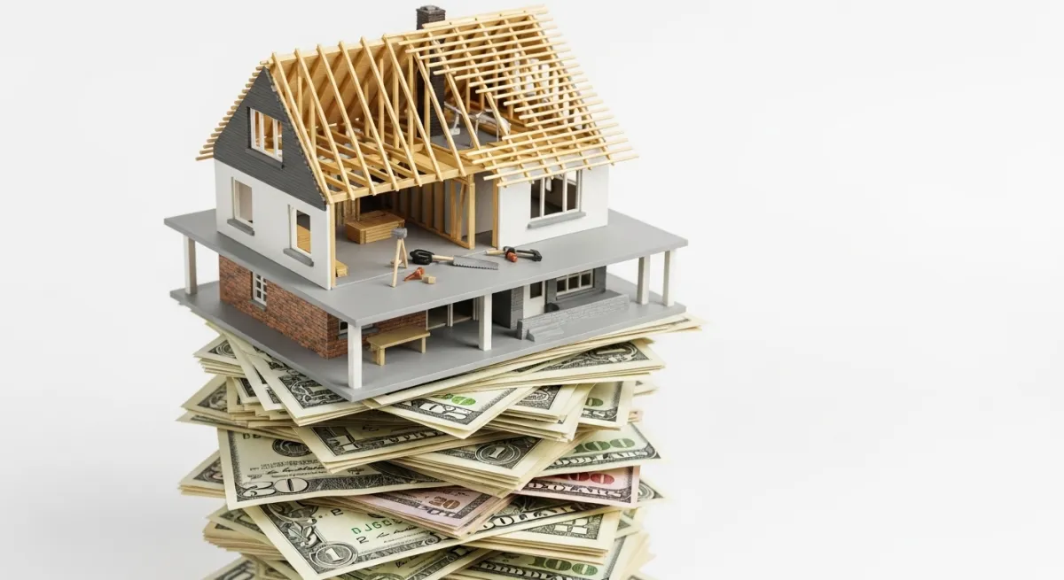 Miniature house model sitting on stacks of US dollar bills with partially removed roof