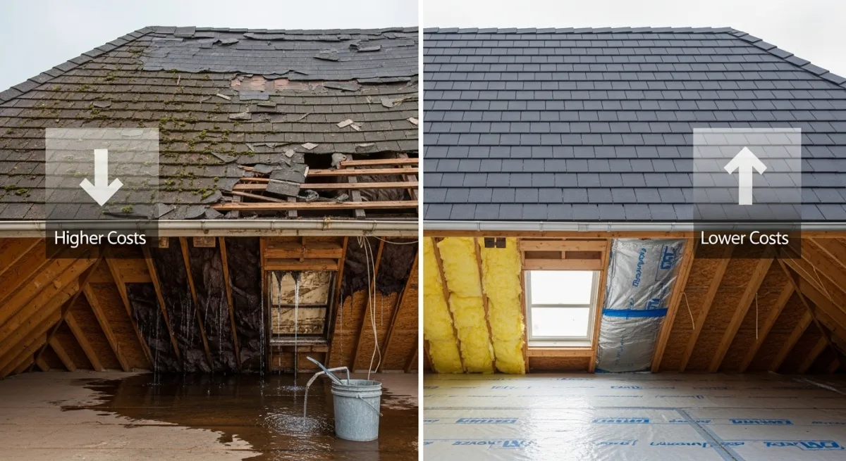 Split comparison of old roof with water damage versus new roof with clean dry attic