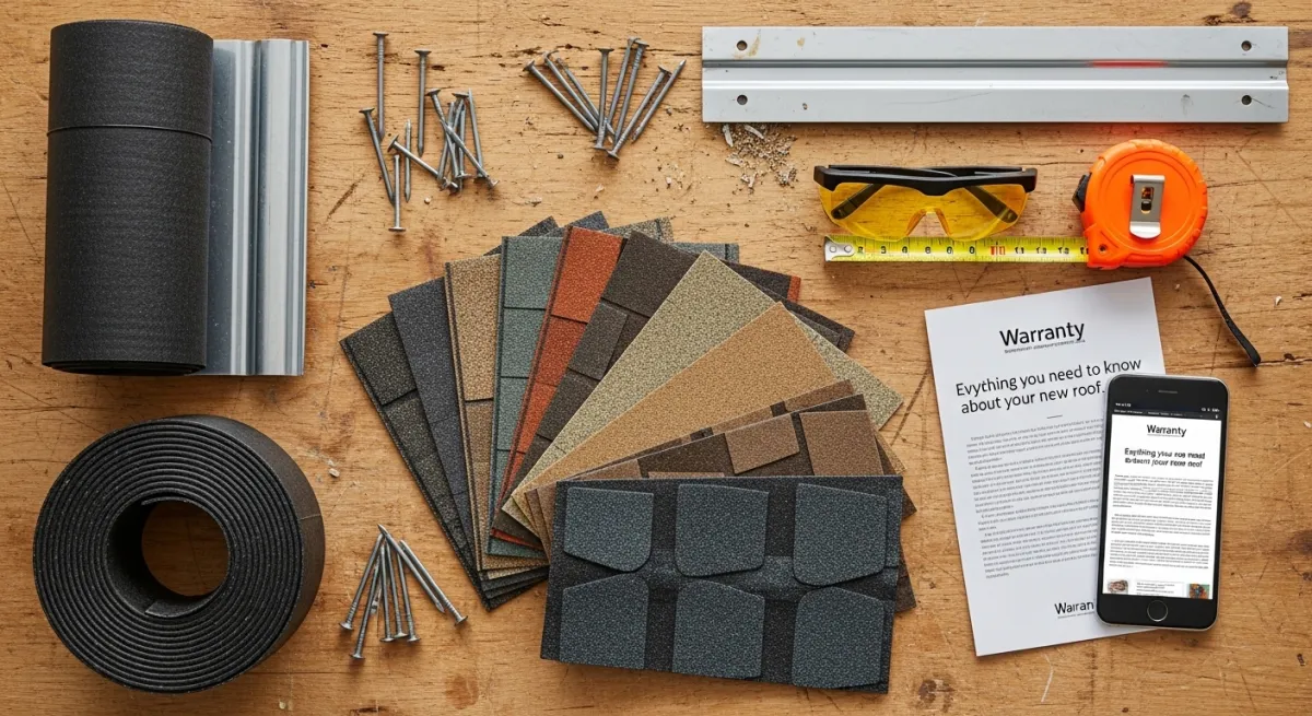 Flat lay arrangement of roofing tools and materials including shingle samples, nails, flashing, underlayment, and warranty document