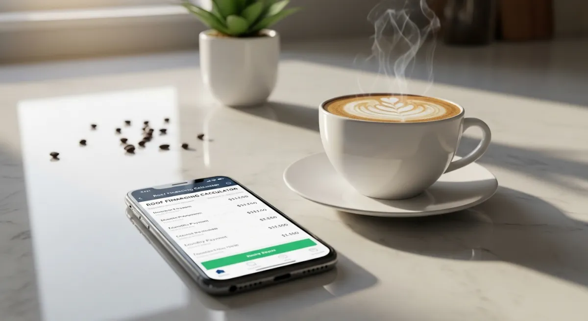 Smartphone showing roof financing calculator app with monthly payment breakdown on kitchen counter