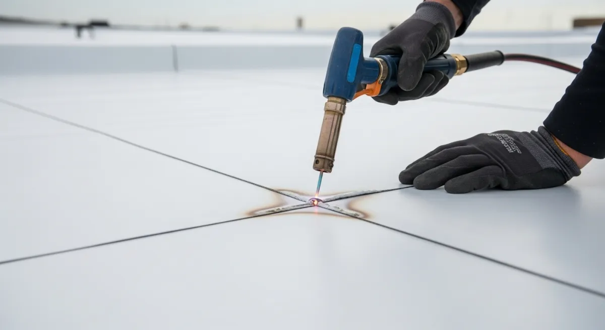 Worker using hot air welder to seal TPO membrane seams on a flat roof installation