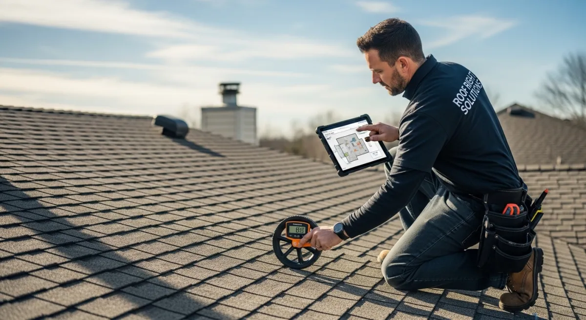 Roofing contractor on roof with measuring wheel and digital tablet documenting measurements for a free estimate