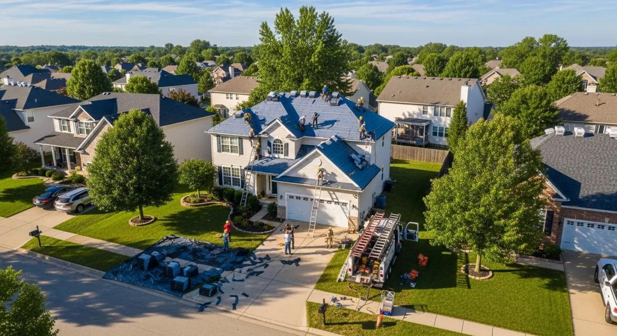 Aerial view of professional roofing crew installing a new roof on a suburban home