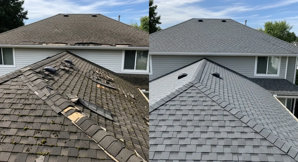 Before and after comparison of a residential roof replacement showing damaged old shingles and pristine new architectural shingles