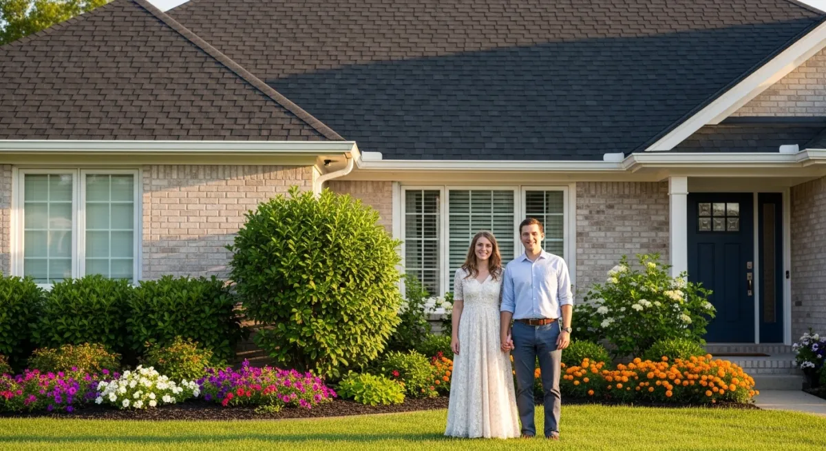 Happy homeowners standing in front of their house with a brand new roof at golden hour