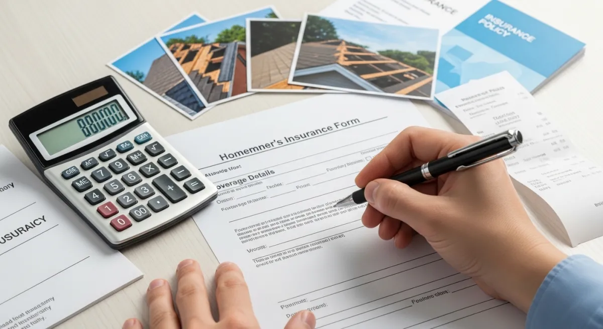 Close-up of hands filling out homeowners insurance roof damage claim form with damage photos and calculator on desk