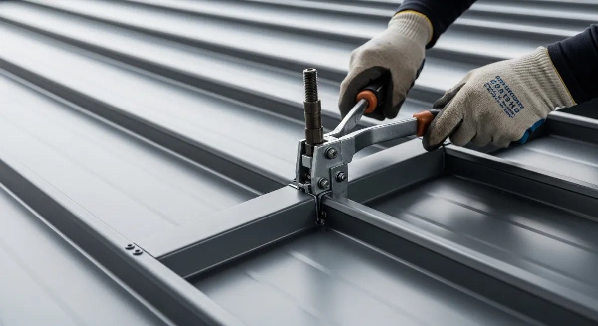 Worker using seaming tool to install standing seam metal roof panels with crisp metal edges