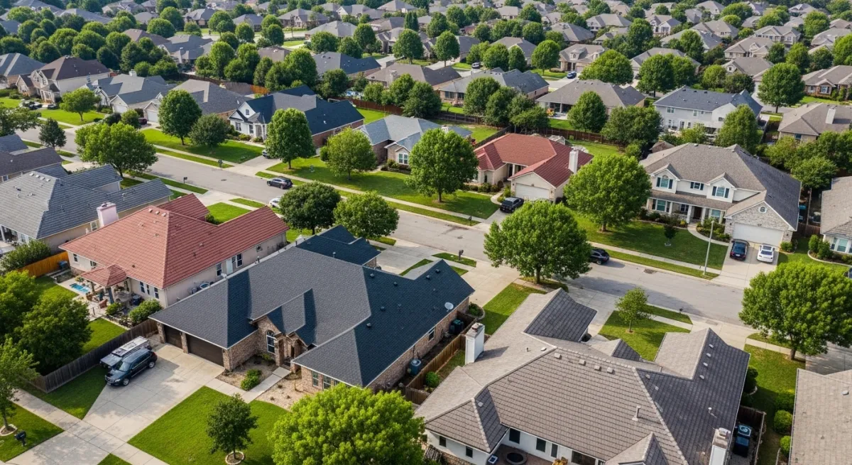 Aerial drone view of suburban neighborhood showing variety of roof conditions with new and aging roofs
