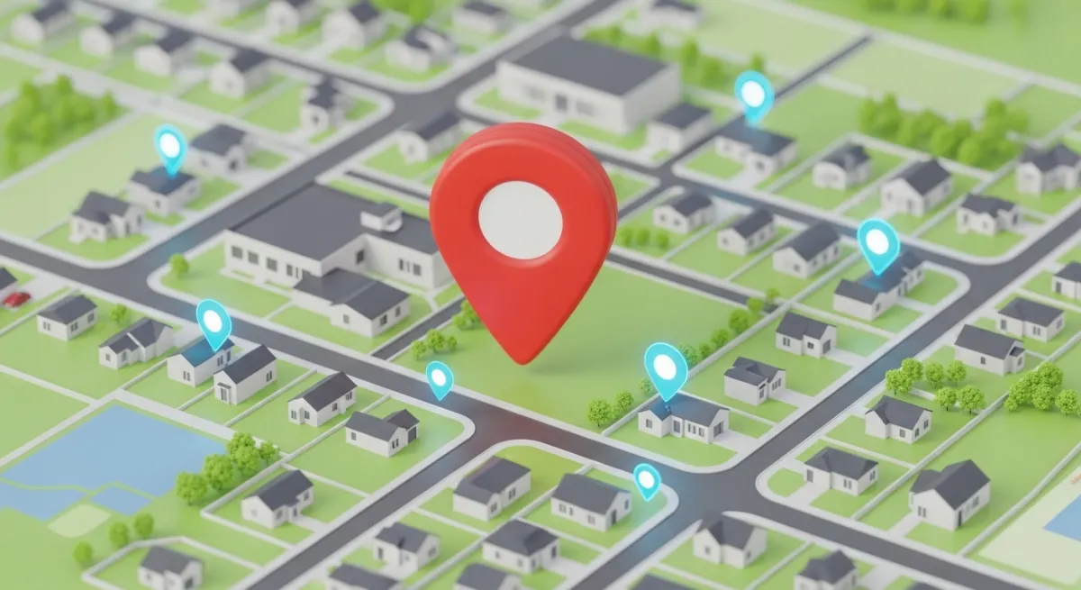 3D map pin dropping onto suburban neighborhood showing local roofing service area coverage