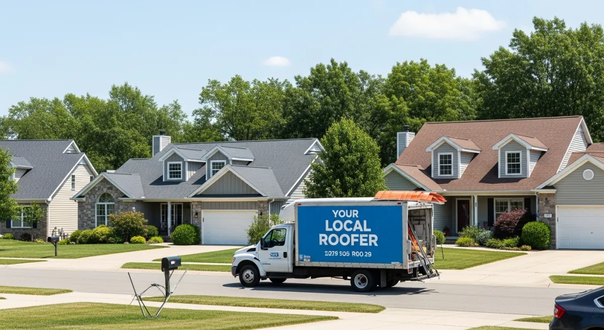 Professional roofing company truck driving through a residential American neighborhood on a sunny day
