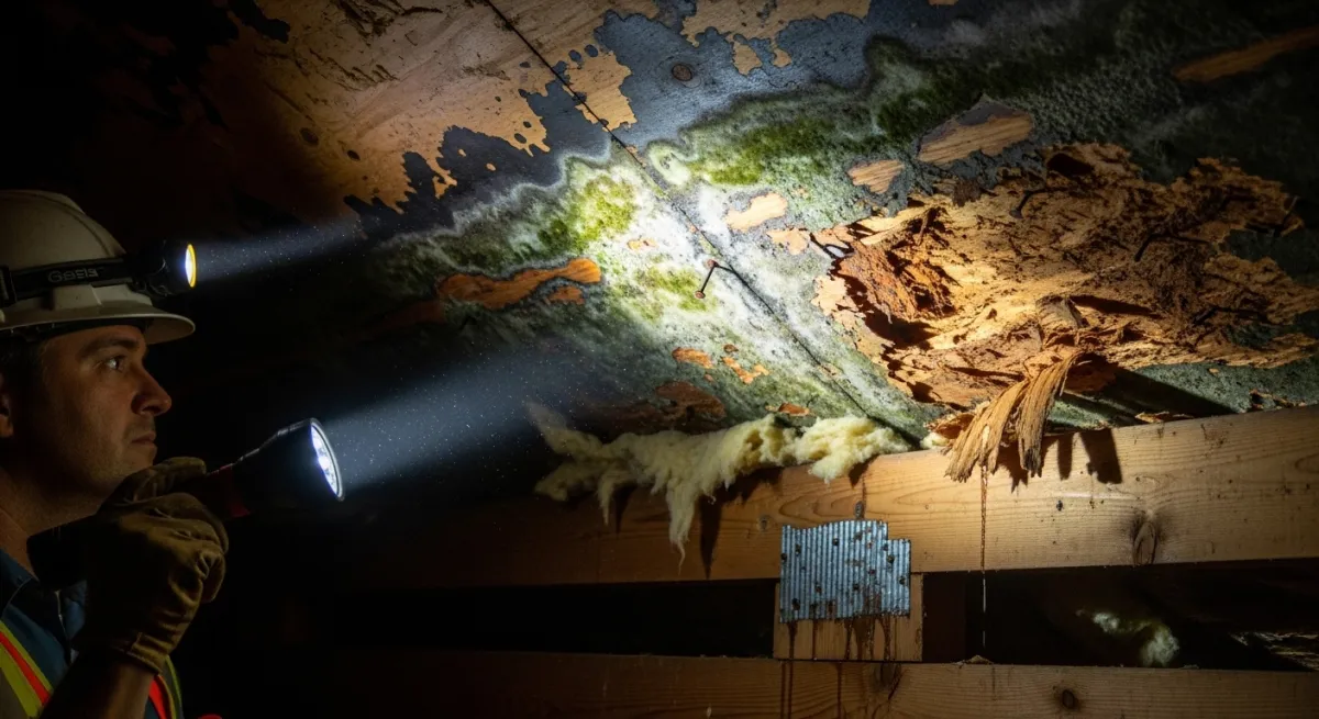 Home inspector in attic shining flashlight on water damage stains, mold, and rotted decking
