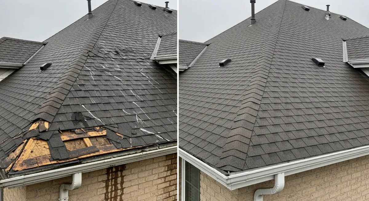 Split comparison of patched roof with mismatched shingles versus complete new roof installation showing clear quality difference