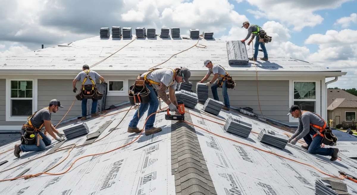 Professional roofing crew of four workers installing new shingles on a residential house