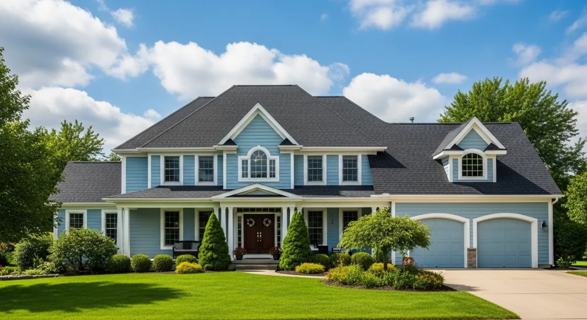 Beautiful two-story suburban home with brand new architectural shingle roof under blue sky