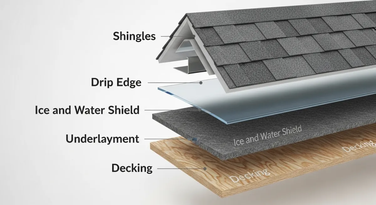 Cross-section diagram showing layers of a residential roof system including decking, underlayment, ice shield, and shingles