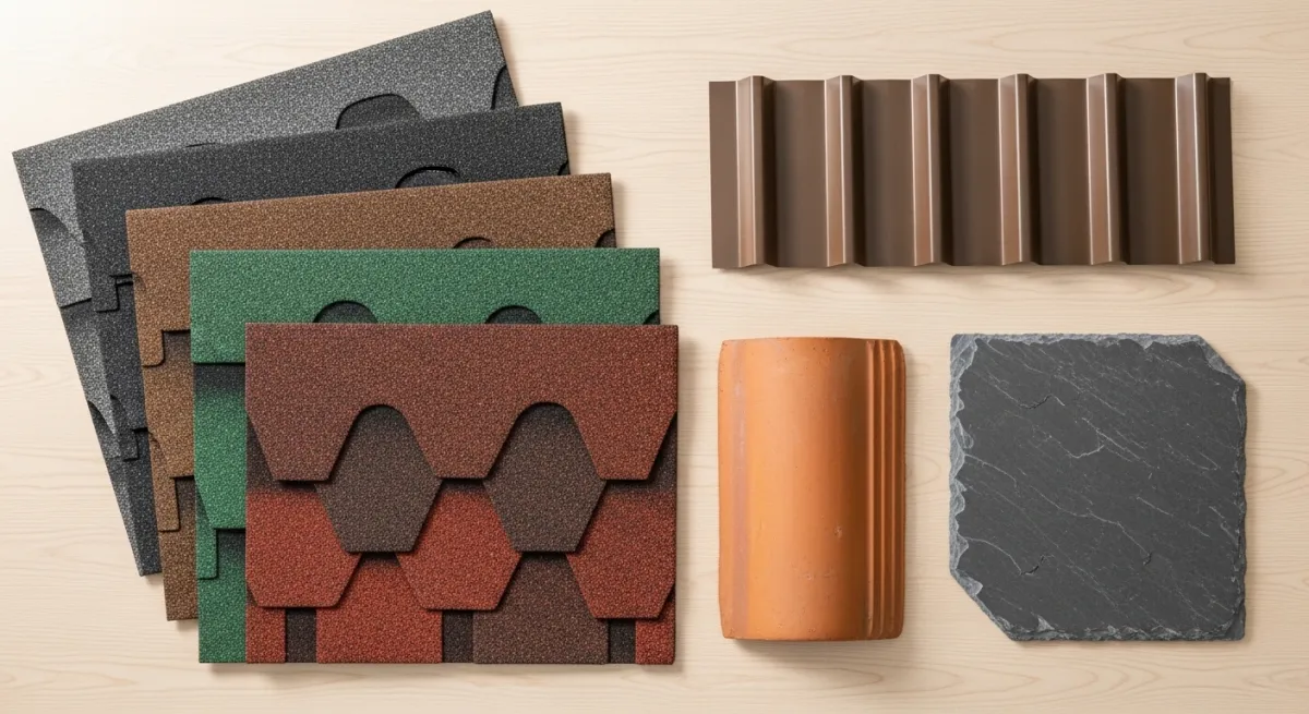 Roofing material samples including asphalt shingles, standing seam metal, clay tile, and synthetic slate arranged on a table