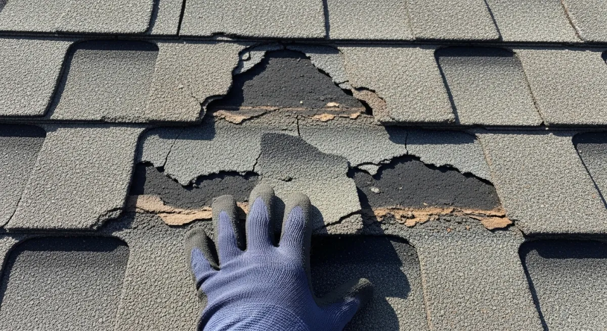 Close-up of damaged old 3-tab shingle roof showing curling, cracking, and missing granules