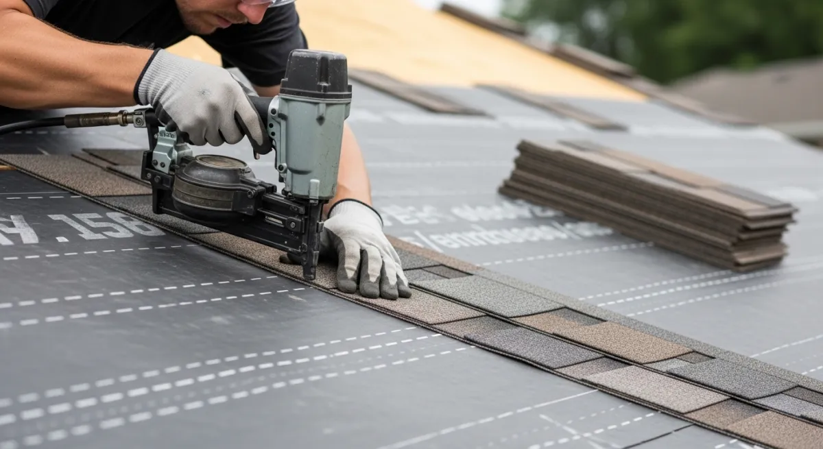 Worker using pneumatic nail gun to install architectural shingles on roof deck with synthetic underlayment