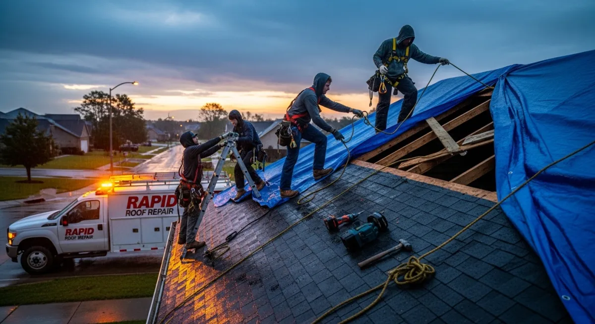 Emergency roofing crew working at dawn to tarp a storm-damaged roof with flashing truck lights below