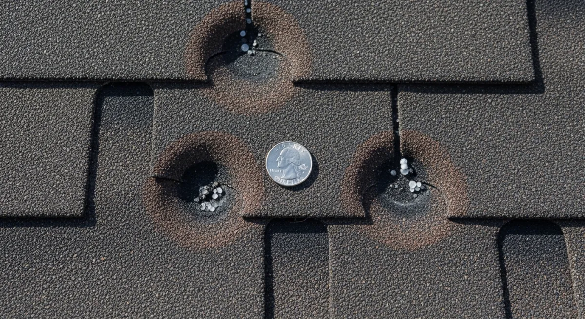 Close-up of hail damage on asphalt shingles showing circular impact marks with displaced granules and quarter coin for scale