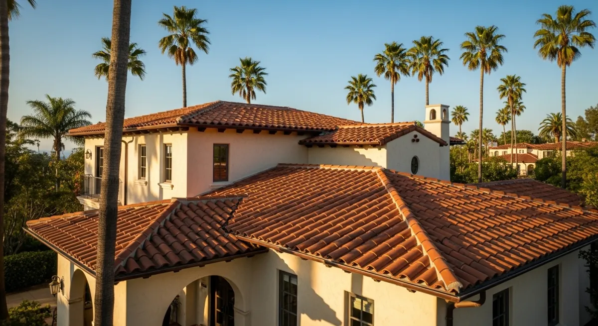 Mediterranean villa with terracotta clay tile roof and Spanish colonial architecture surrounded by palm trees